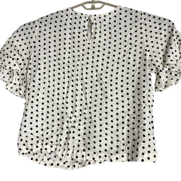 a new day Women Top Blouse XL Cream Black Polka Dots 100% Flutter Sleeves Office - Picture 3 of 7
